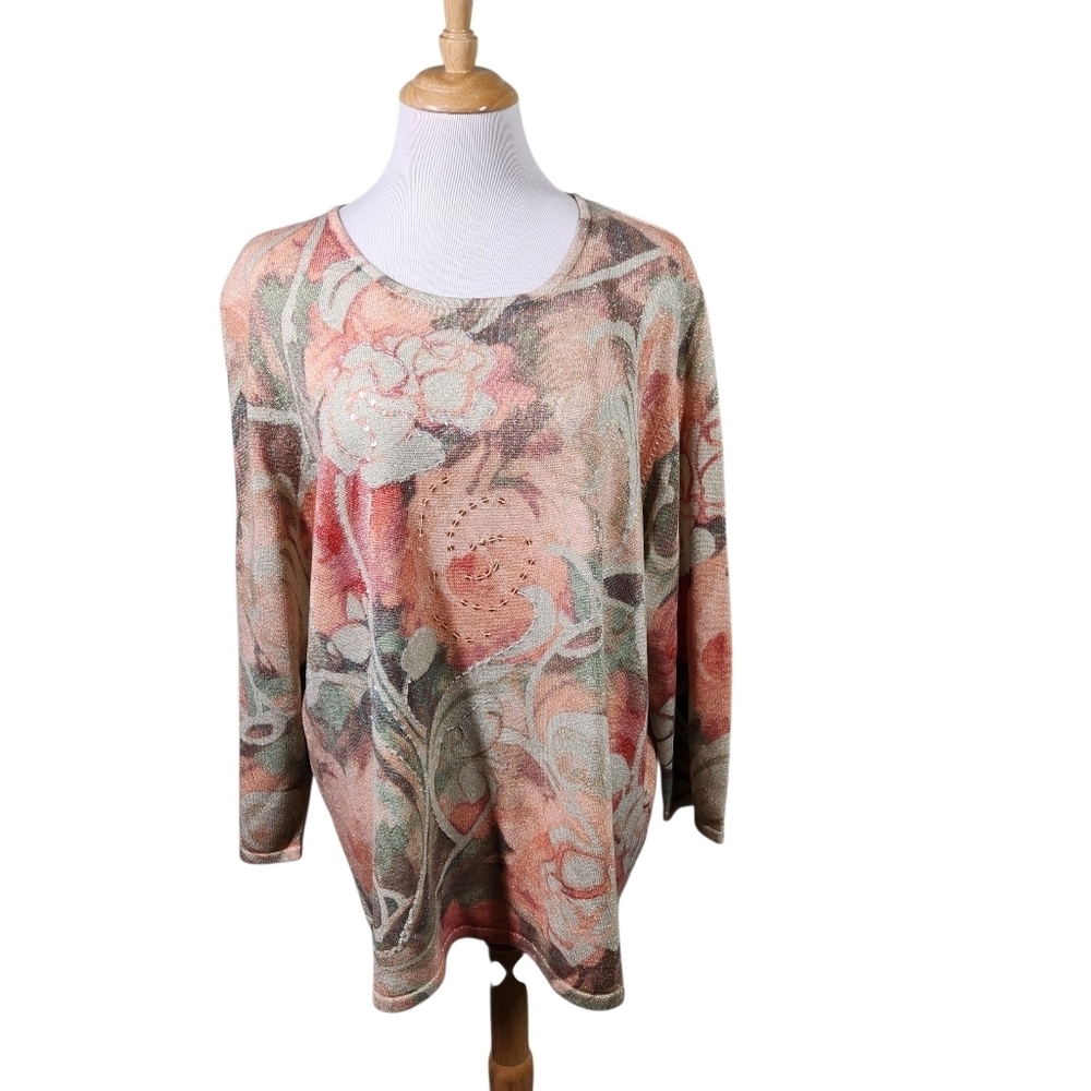 Alfred Dunner Pink 3/4 Sleeve Floral Sweater Blouse, Sz 3X